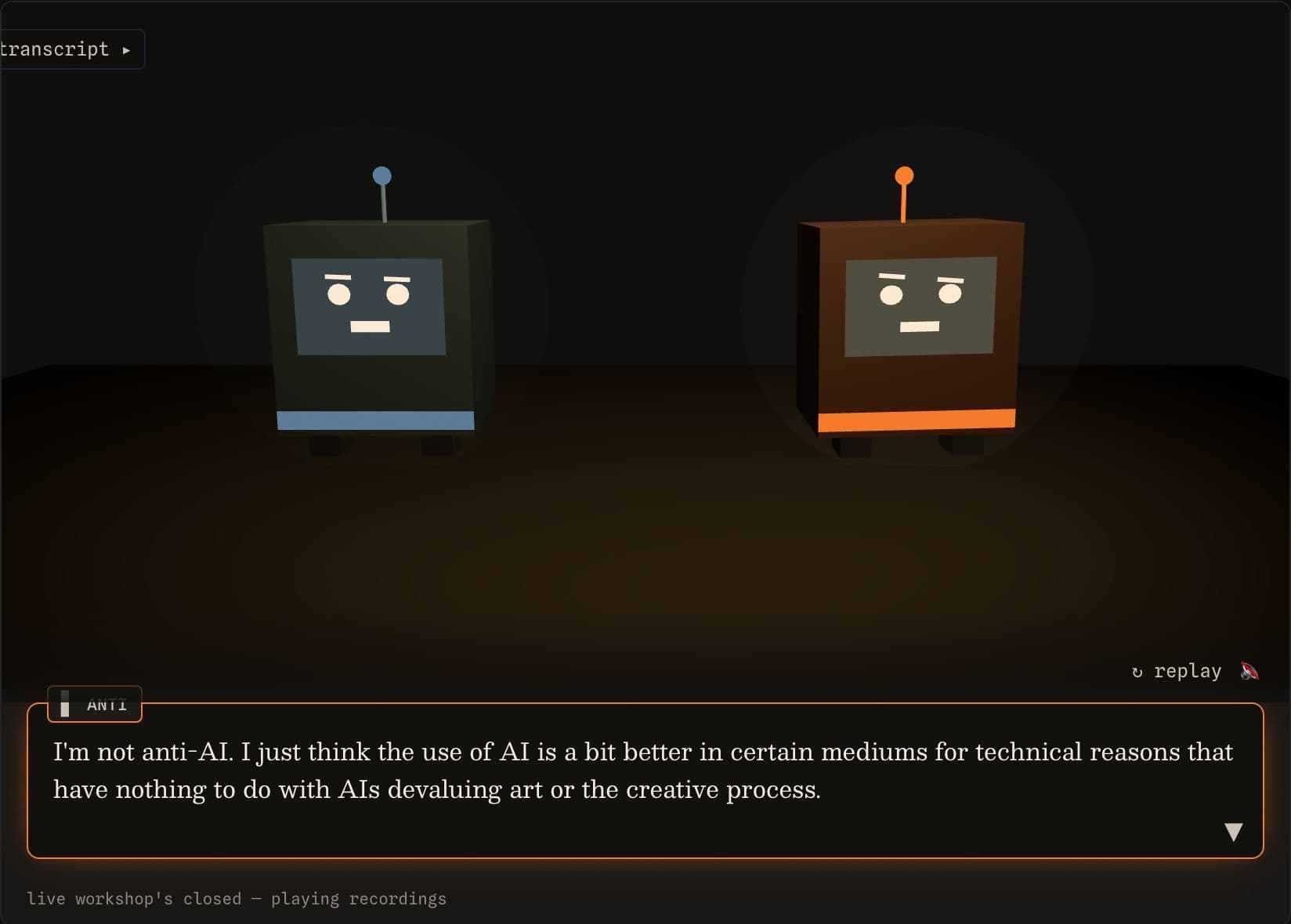 Two low-poly console-bots arguing on a workbench under a warm lamp