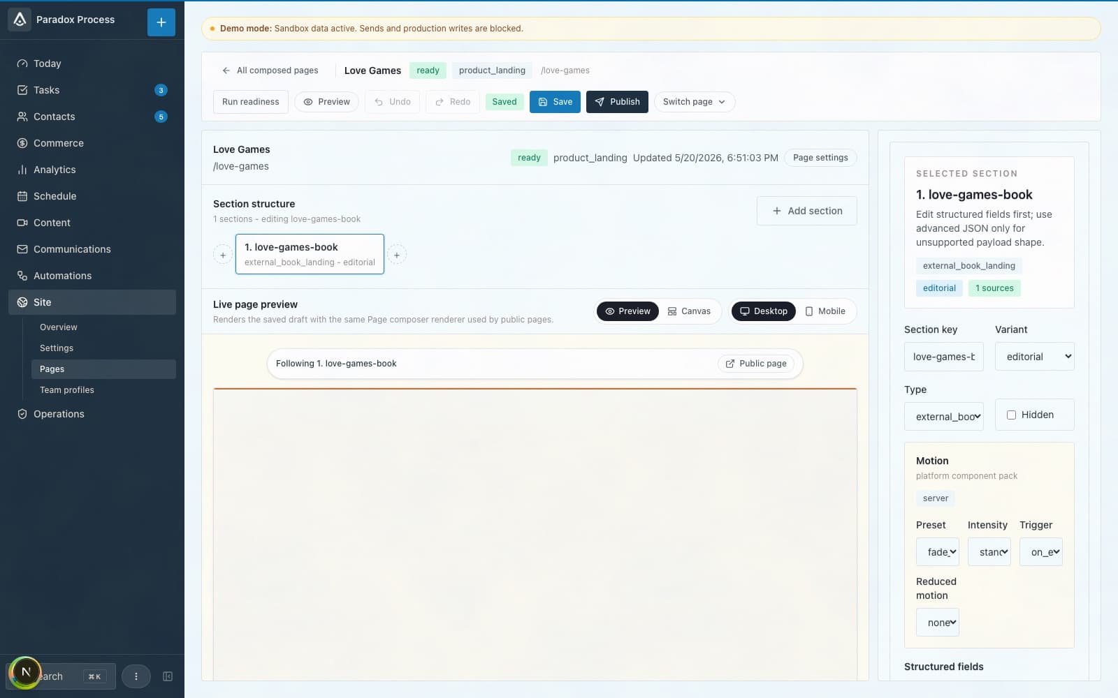 The Anpa composer editing a page: section list, live page preview, and per-section motion controls in the right rail