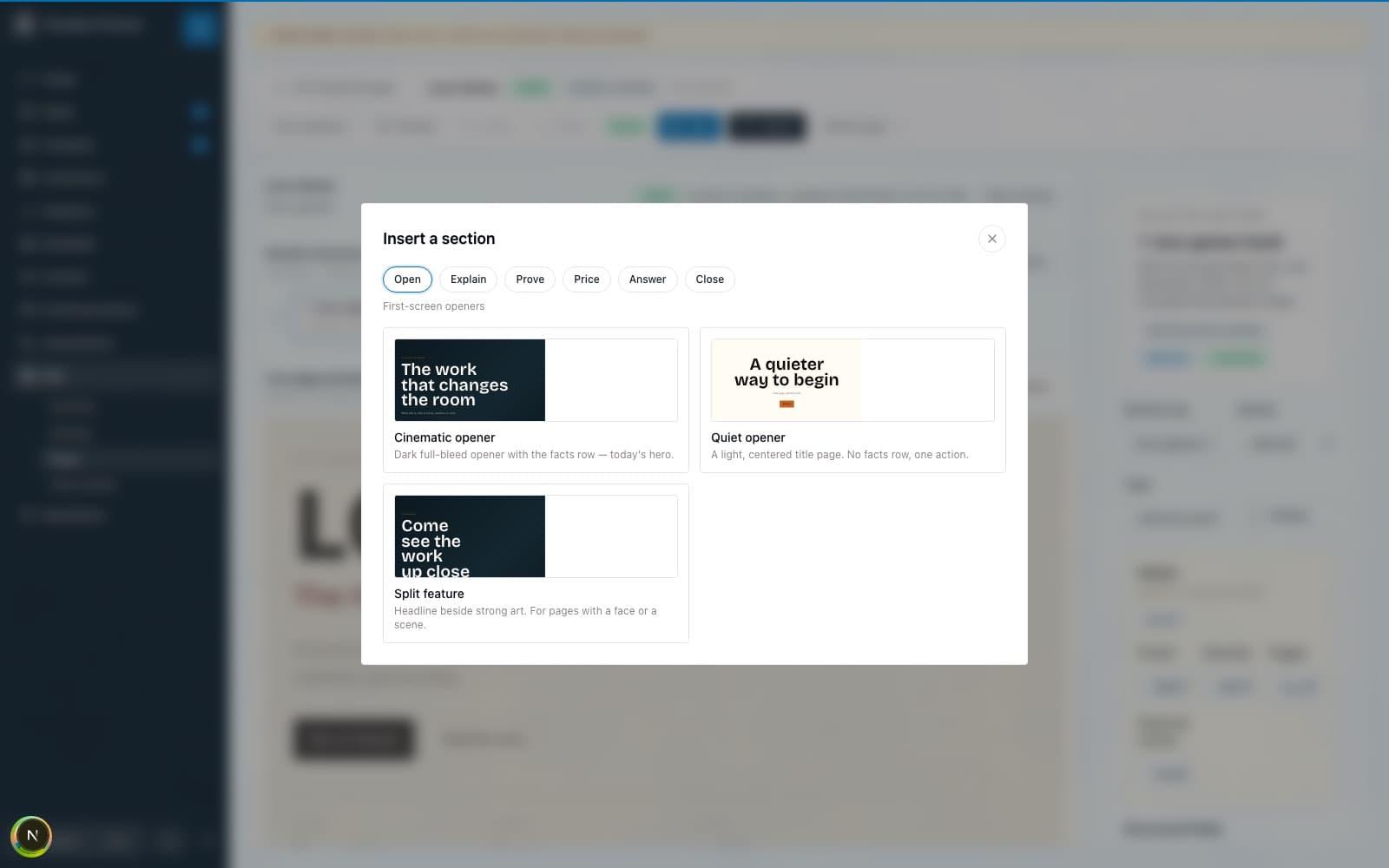 Anpa's Insert a section gallery — preset thumbnails organized under tabs for the six jobs: open, explain, prove, price, answer, close