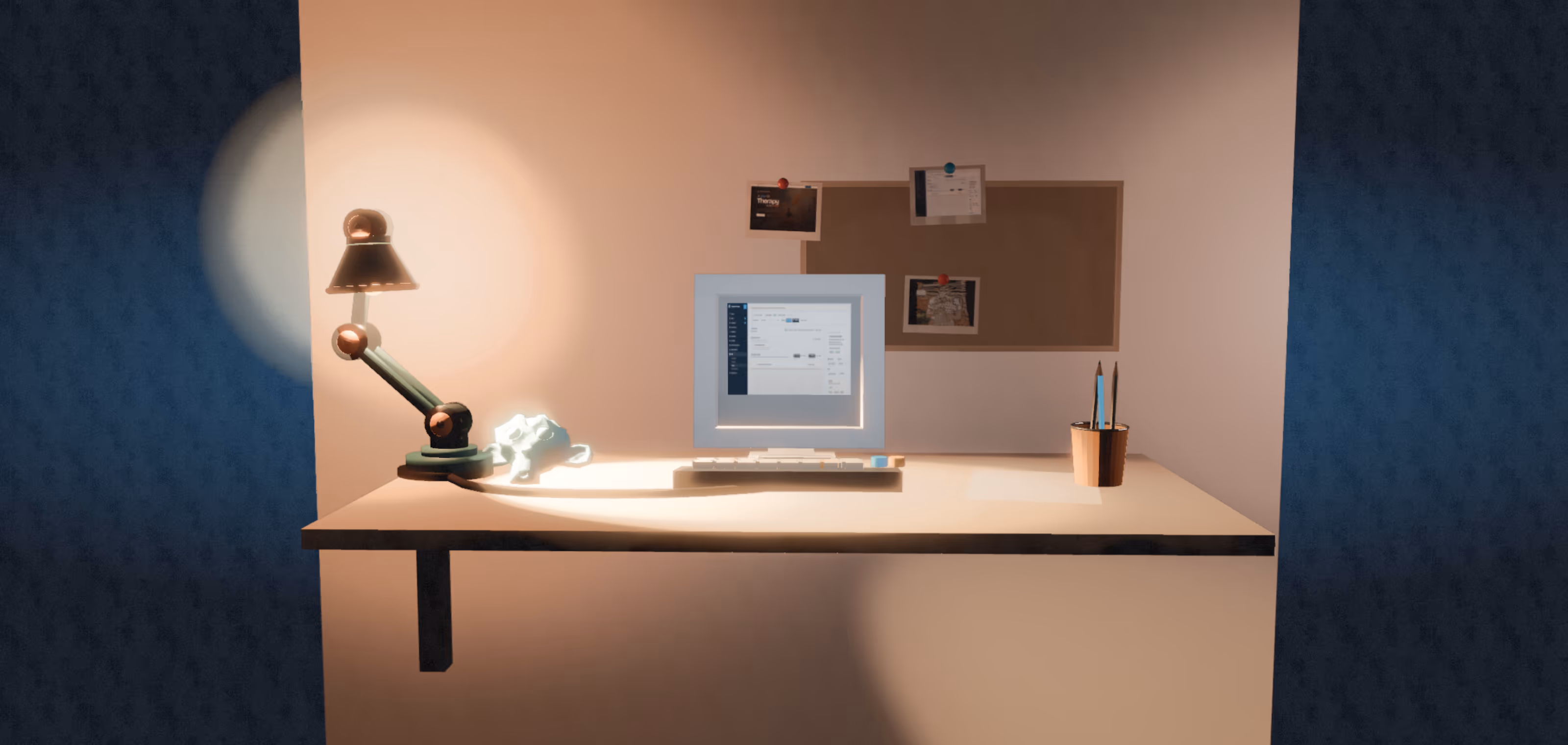 A warm, illustrated Blender-authored workbench scene running as the portfolio site's interactive Three.js hero