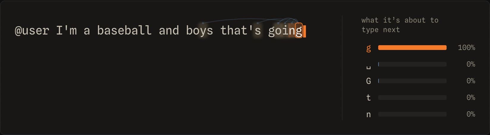 The tweet-GPT demo mid-generation, with attention beams arcing back over the text